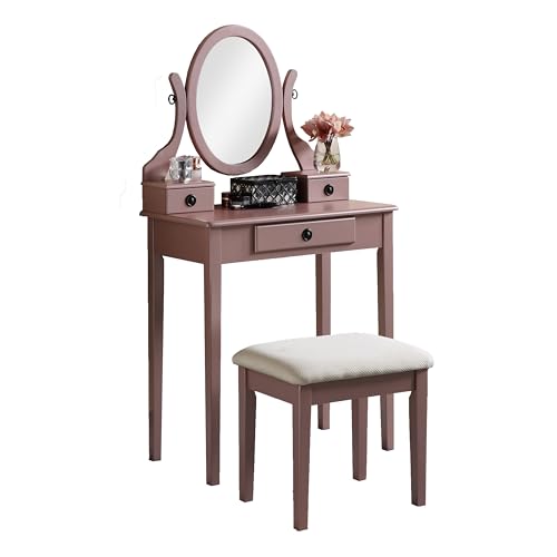 Roundhill Furniture Moniys Wood Moniya Makeup Vanity Table and Stool Set, Rose Gold - color: Rose Gold