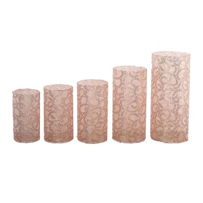 Efavormart Set of 5 Rose Gold Sequin Mesh Cylinder Display Box Stand Covers with Leaf Vine Embroidery, Sparkly Sheer Tulle Pedestal Pillar Prop Covers - color: Rose Gold, size: Sequin Mesh Cylinder Covers - Leaf Pattern