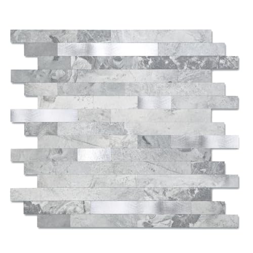 Yipscazo 10 Sheets Peel and Stick Stone Metal Tile Backsplash, Stick on Tiles for Backsplash Kitchen, Bathroom, Laundry Room, Camper, Fireplace (12'' X 12'', Gray Stone with Metal) - color: Gray Stone With Metal