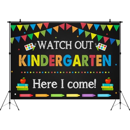 Kindergarten Graduation Backdrop 6x4ft Back to School Banner Watch Out Here I Come First Day of School Preschool Kids Classroom Party Decoration Supplies Banner Photo Booth Studio Prop - size: 9x6