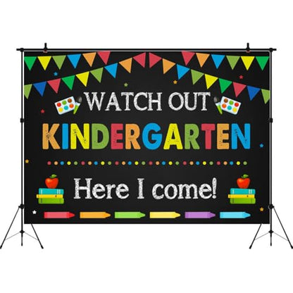 Kindergarten Graduation Backdrop 6x4ft Back to School Banner Watch Out Here I Come First Day of School Preschool Kids Classroom Party Decoration Supplies Banner Photo Booth Studio Prop - size: 9x6