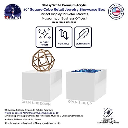 2 Pack 10 Inch White Acrylic Display Box with One Open Side No Lid Versatile Square Merchandise Storage Bin or Retail Product Riser by Marketing Holders - size: 10"w x 10"h