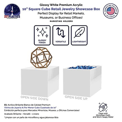 Marketing Holders 10 Inch Acrylic Display Riser Box No Lid White Square Retail Product Riser One Open Side Merchandise Storage Box Flippable Cubby for Expos and Tradeshows