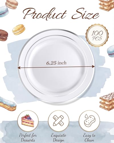 bUCLA 100Pieces Silver Plastic Plates - 6.25inch White with Silver Rim Disposable Salad/Dessert/Appetizer/Small Cake Plates for Weddings, Parties&Gathering - color: 6.25Inch-100pcs-Silver