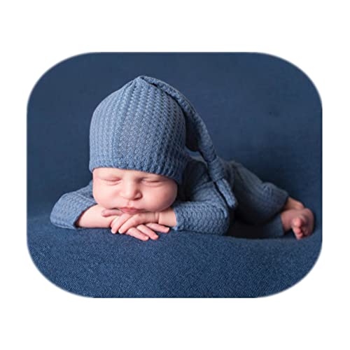Coberllus Newborn Photography Props Outfit Fabric Sleepy Knot Hat & Footed Romper Bodysuit for Baby Boys Girls Photoshoot - color: Blue