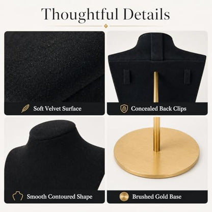 Necklace Display Stand For Selling Velvet Chain Jewelry Bust Holder Organizer With Stainless Steel Stand Jewelry Display - color: Black-9.84in
