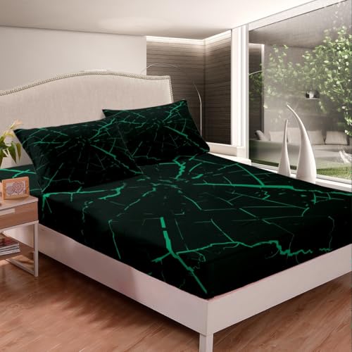jejeloiu Green Black Marble Fitted Sheet Twin Size Kids Modern Marble Aesthetic Bed Sheets Set for Boys GirlsRetro Watercolor Artwork Bedding SetAbstract Crack Texture Bedroom Decor - color: Green Black, size: Twin