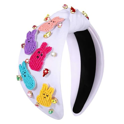 NVENF Easter Headband for Women Beaded Rabbit Bunny Headband White Pink Crystal Pearl Knotted Headbands Happy Easter Hair Accessories Spring Holiday Headwear Outfits Gifts (Bunny E-White) - color: Bunny E-White