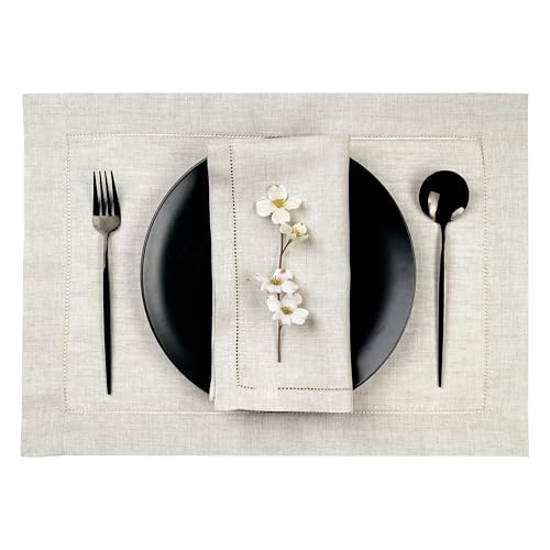 D'Moksha Homes Light Natural Linen Cloth Placemats Set of 4-100% Pure Linen Hemstitch Placemats 14 x 19 Inch - Classic Hemstitch Table Place Mats - Machine Washable - color: 08 - Light Natural