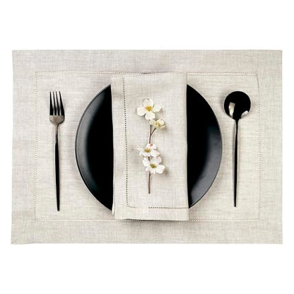 D'Moksha Homes Light Natural Linen Cloth Placemats Set of 4-100% Pure Linen Hemstitch Placemats 14 x 19 Inch - Classic Hemstitch Table Place Mats - Machine Washable - color: 08 - Light Natural