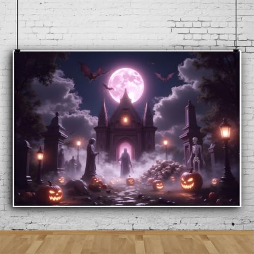 12x8ft Halloween Backdrops for Photography Spooky Full Moon Gothic Graveyard Halloween Photo Backdrop for Photoshoot Bats Skeleton Cemetery Background Hallows' Eve Party Decorations - color: Purple, size: 12x8ft