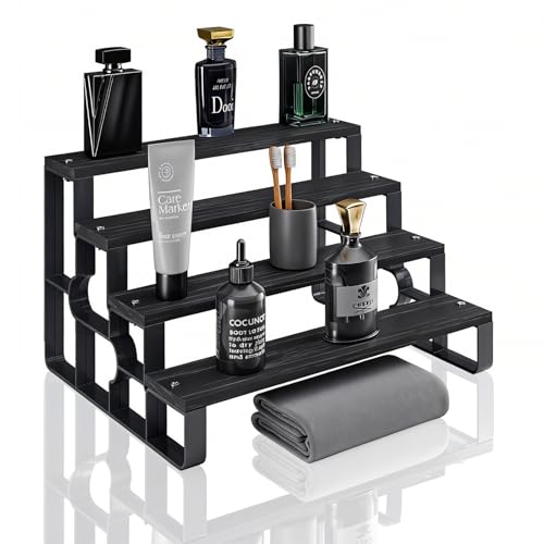 GRELY Waterproof Wooden Perfume Organizer for Men, 4 Tier 11.2 Inch Cologne Stand with ABS Frame, Anti-Slip for Dresser Bathroom Space-Saving(Black, 4 Tier 11.2") - size: 4 Tier 11.2"