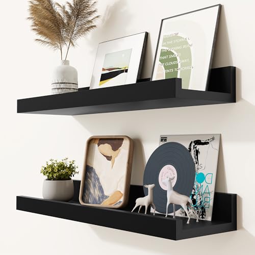 Heimlove Picture Ledge Shelf, Small Floating Shelves Set of 2, 16 Inches Picture Shelf for Wall with Ledge, Kids Bookshelf Wall Mounted for Living Room Bedroom Decor，Black - color: Black, size: 16'', Set of 2