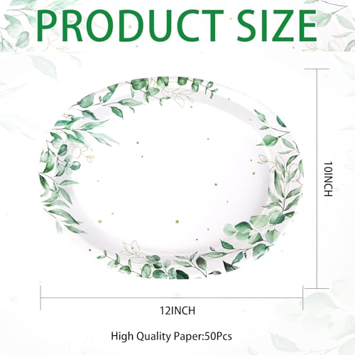 50Pcs Sage Green Oval Paper Plates 10" x 12" Large Disposable Heavy Duty Watercolor Eucalyptus Paper Platters Sage Floral Green Leaves Dessert Plates for Baby Shower Picnic Wedding Dinner Supplies - style: 50Pcs Spring Eucalyptus Oval Plates