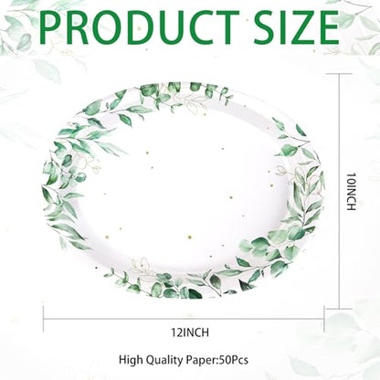 50Pcs Sage Green Oval Paper Plates 10" x 12" Large Disposable Heavy Duty Watercolor Eucalyptus Paper Platters Sage Floral Green Leaves Dessert Plates for Baby Shower Picnic Wedding Dinner Supplies - style: 50Pcs Spring Eucalyptus Oval Plates