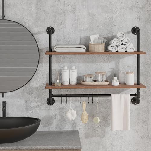 ROGMARS Industrial Pipe Shelving Bathroom Shelves with Towel bar, 30 in Rustic Floating Shelves Pipe Wall Shelf with Hooks for Living Room,Kitchen - color: Rustic Brown, size: 30 Inch 2 Tier
