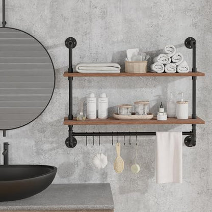 ROGMARS Industrial Pipe Shelving Bathroom Shelves with Towel bar, 30 in Rustic Floating Shelves Pipe Wall Shelf with Hooks for Living Room,Kitchen - color: Rustic Brown, size: 30 Inch 2 Tier