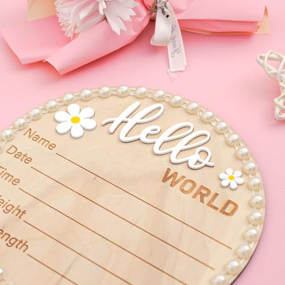 Wonhibo Pearl-Trimmed Newborn Announcement Sign - Baby Hospital Photo Prop Wooden Name Board Card for Birth Welcome Hello World - color: Pearl