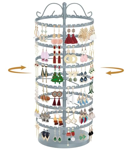 MODOWEY 6 Tier Rotating Earring Holder Organizer Stand, Adjustable Metal Display Tree Rack for Women, 480 Hole and Groove Large Storage for Pierced Stud Dangle Hoop, Compact for Small Dresser, Grey - color: Grey, size: 6-Tier