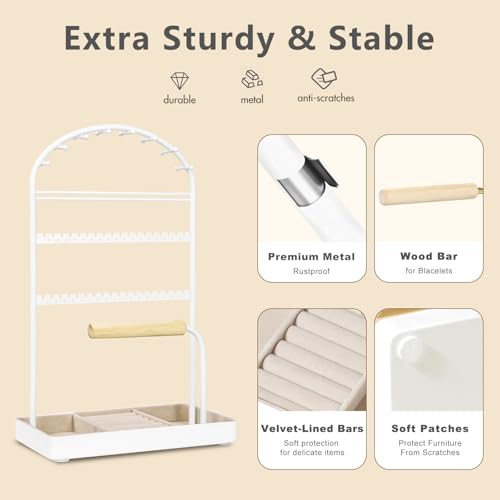 Saydear Multi-Functional Jewelry Holder Organizer Necklace Display Stand Velvet Lined Bar for Rings 2 Tier with 18 Hooks, 32 Earring Holes - Sturdy and Durable, Easy Organization White - color: White V1.0