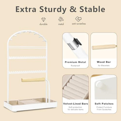 Saydear Multi-Functional Jewelry Holder Organizer Necklace Display Stand Velvet Lined Bar for Rings 2 Tier with 18 Hooks, 32 Earring Holes - Sturdy and Durable, Easy Organization White - color: White V1.0