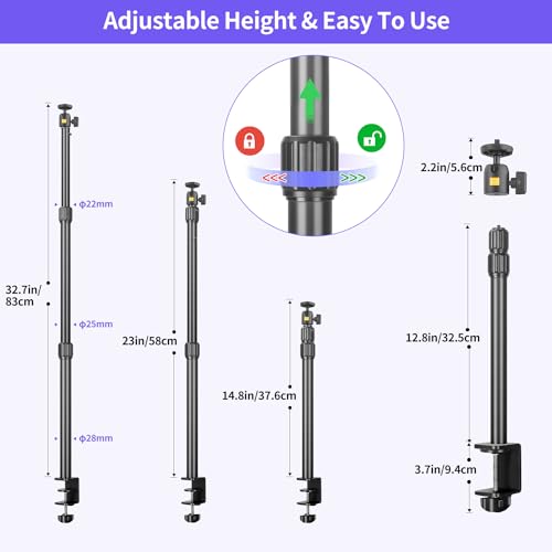 Camera Desk Mount Webcam Stand with 360° Ball Head, Adjustable Table Light Stand 14"-33", Tabletop C Clamp for DSLR Camera, Ring Light, Live Streaming, Photo Video Studios
