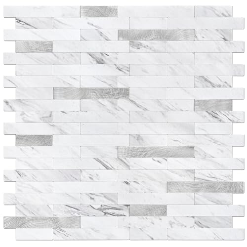 STICKGOO Peel and Stick Backsplash Tile, Stick on Backsplash for Kitchen and Bathroom, Volakas White Look PVC Mixed Metal Silver Self Adhesive Wall Tiles(Sample) - color: Volakas White with Metal Silver