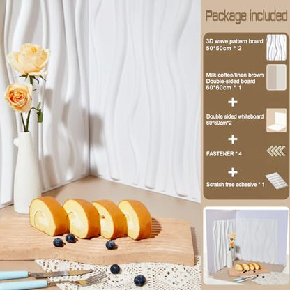 Large 3D Photo Backdrop Board: 5PCS 8Patterns Product Photography Props for Food Jewelry,Stereoscopic Background Table Top Small Shooting Kit (XL Size 24x24in) - color: White Coffee