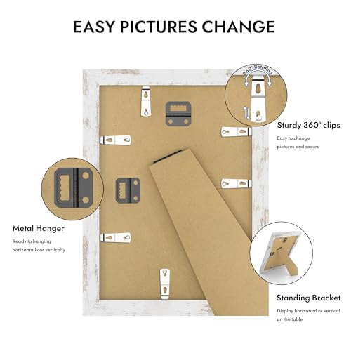 Hongkee 8x11 Picture Frame with Glass, Display Pictures 6x9 with Mat or 8 x 11 without Mat - Wall and Tabletop, 8 by 11 Photo Wooden Frames (Distressed White, 1 Pack) - color: Distressed White, size: 8X11 in