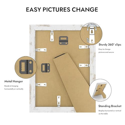 Hongkee 8x11 Picture Frame with Glass, Display Pictures 6x9 with Mat or 8 x 11 without Mat - Wall and Tabletop, 8 by 11 Photo Wooden Frames (Distressed White, 1 Pack) - color: Distressed White, size: 8X11 in