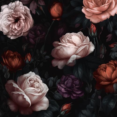 BOKEBEVE Dark Black Big Peony Floral Contact Paper Retro Wallpaper Peel and Stick Vintage Boho Wall Paper for Home Docor Renter Friendly Removable Self Adhesive 17.5 x 118In - color: Black/Pink/Red, size: 17.5" x 118"