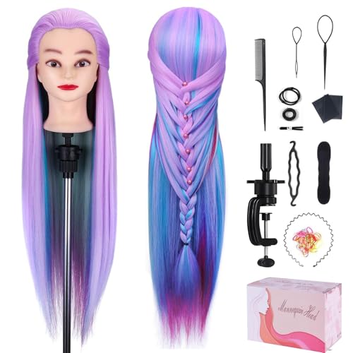 Mannequin Head, Beauty Star 29inch Doll Heads with Long Hair for Practice Braiding Styling, Cosmetology Hairdressing Training Heads with Clamp Holder and Braiding Kit - color: Light Purple