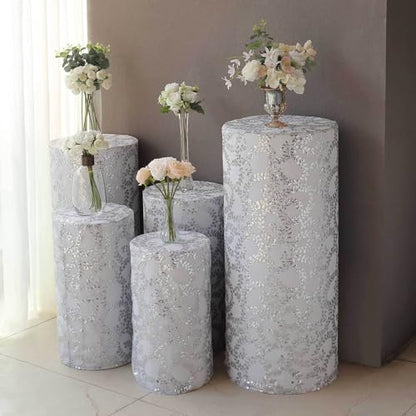 Efavormart Set of 5 Silver Sequin Mesh Cylinder Display Box Stand Covers with Leaf Vine Embroidery, Sparkly Sheer Tulle Pedestal Pillar Prop Covers - color: Silver, size: Sequin Mesh Cylinder Covers - Leaf Pattern