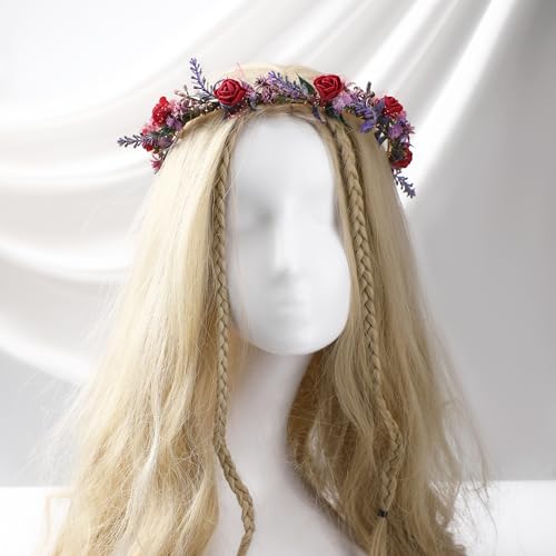 Women's Red Flower Crown Headband - Lace and Foam Hairband with Rose Floral Decoration, Suitable for Weddings, Parties, and Everyday Wear for Women - color: Red