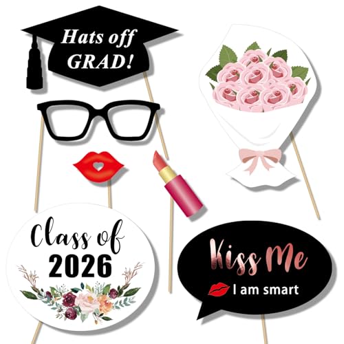 Konsait Rose Gold Graduation Photo Booth Props Party Supplies Graduation Photo Props Class of 2026 Grad Decor with Sticks, Class Decorations Graduation Party Favors Decor Accessories(39Count)
