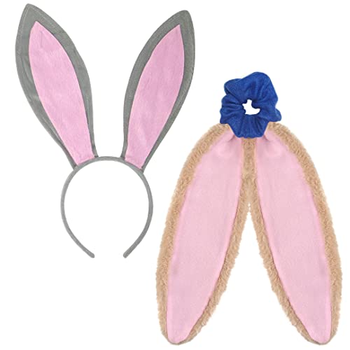 Funcredible Bunny Ears Headband & Hairtie Set – Gray Rabbit Ear Headband with Brown Floppy Scrunchie – Costume Headwear for Women and Men