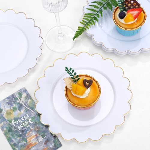 SUT 72Pcs Plastic Plates-7.5inch White Dessert Plates with Gold Trim, White Disposable Plates, Disposable Plates,Fancy Plastic Plates, Heavy Duty Plastic Plates for Parties - color: White Gold, size: 7.5 Inch