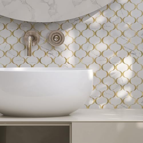 10 Sheet Glossy Arabesque Peel and Stick Backsplash Tile, Stick on Backsplash for Kitchen and Bathroom Wall, Calacatta Gold Marble PVC Mixed Metal Aluminum - color: Calacatta Gold Marble Mixed Metal Gold