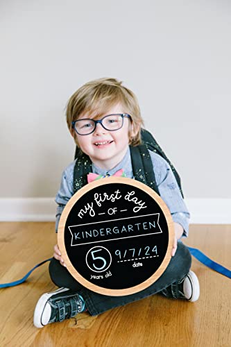 Kate & Milo Double Sided Back to School Board for Kids Girls Boys, My First and Last Day Chalkboard Sign, Preschool Kindergarten 1st Grade, Reusable Photo Prop for Pictures, Chalk Included - style: Wooden Round Chalkboard