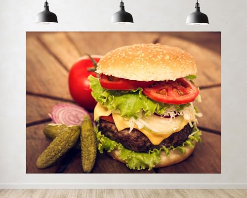 Trykid 10x10ft Fresh Burger Food Wooden Board Backdrop Culinary Photography Background Food Party Decoration Tapestry Photo Booth Prop Fabric - size: 10x10ft