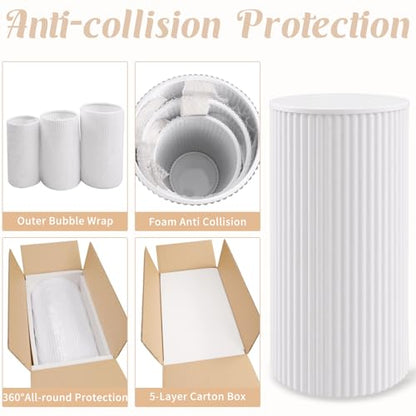 Metal Pleated Cylinder Pedestal Stands for Party, 3 Pieces Heavy Duty Round Cake Pedestal Stand Display Plinth Pillars Art Decor for Wedding Ceremony Birthday Party（Small, White） - size: L:23.82"x12.6", M:21.85"x11.02", S:19.88"x9.45"