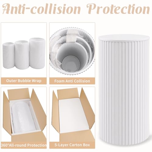 Metal Pleated Cylinder Pedestal Stands for Party, 3 Pieces Heavy Duty Round Cake Pedestal Stand Display Plinth Pillars Art Decor for Wedding Ceremony Birthday Party（Small, White） - size: L:23.82"x12.6", M:21.85"x11.02", S:19.88"x9.45"