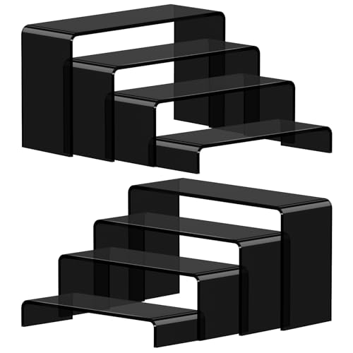 FUNFERY Acrylic Display Risers, 2 Set(7.8" L~8.2" L~8.6" L~9”L) Display Shelf for Figure, Collectibles, Cupcake, Black Acrylic Stands for Dessert, Jewelry, Candy Showcase, 4 Tier Action Figure Stand - color: Black, size: 8 Pcs