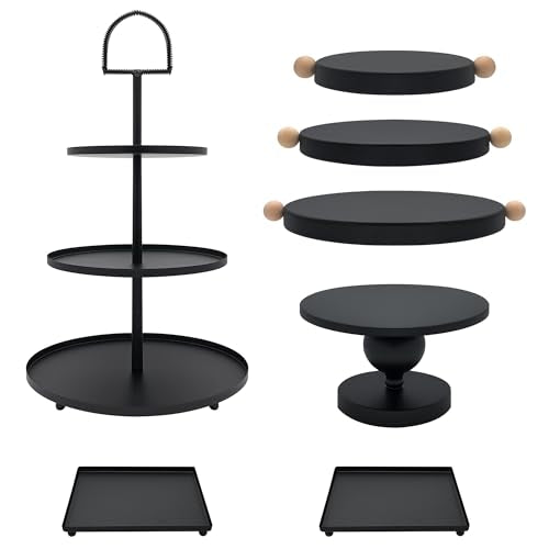 Set of 7 Black Cake Stands Metal Dessert Display Holder Round 3 Tier Cupcake Stand Serving Tray Platter Cake Pedestal Stand for Party Weddings Birthday Baby Showers Anniversary - color: Black