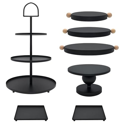 Set of 7 Black Cake Stands Metal Dessert Display Holder Round 3 Tier Cupcake Stand Serving Tray Platter Cake Pedestal Stand for Party Weddings Birthday Baby Showers Anniversary - color: Black