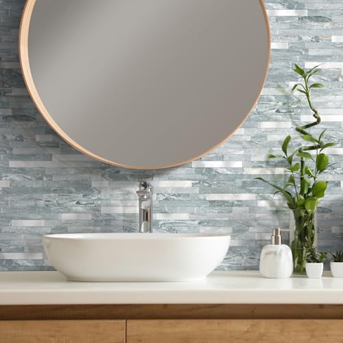 Yipscazo 10 Sheets Peel and Stick Stone Metal Tile Backsplash, Stick on Tiles for Backsplash Kitchen, Bathroom, Laundry Room, Camper, Fireplace (12'' X 12'', Polished Cyan) - color: Polished Cyan