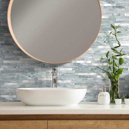 Yipscazo 10 Sheets Peel and Stick Stone Metal Tile Backsplash, Stick on Tiles for Backsplash Kitchen, Bathroom, Laundry Room, Camper, Fireplace (12'' X 12'', Polished Cyan) - color: Polished Cyan