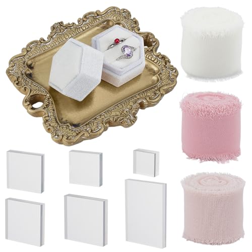 WEBEEDY 11 Pcs Flat Lay Props Set Wedding Props Include 1 Vintage Jewelry Tray, 1 Velvet Ring Box, 6 Acrylic Clear Stamp Display Block, 3 Chiffon Silk Ribbon, for Photography Photo Party Decoration
