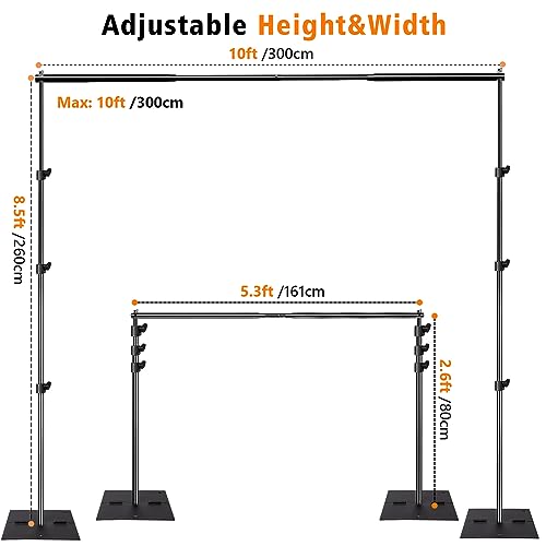 HYJ-INC Pipe and Drape Photography Backdrop Stand Kit Adjustable Photo Background Stand 10ft x 8.5ft with Metal Base for Parties Weddings Birthday Party Events Photo booth With 4 Clamps,Carrying Bag.