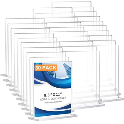 30 Pack Acrylic Sign Holder 8.5 x 11, Double-Sided Clear Sign Holder Plastic Stands for Display, T Shape Acrylic Table Sign Stands for Office Store Restaurants Wedding Party Decoration